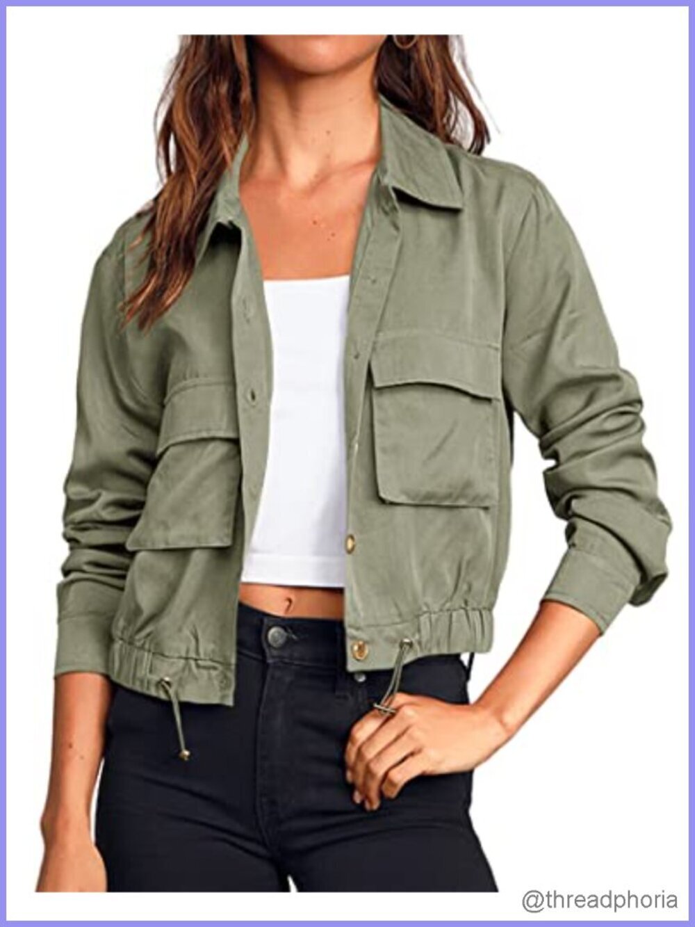 Women's Cropped Military Utility Anorak Jacket Button Down Lightweight